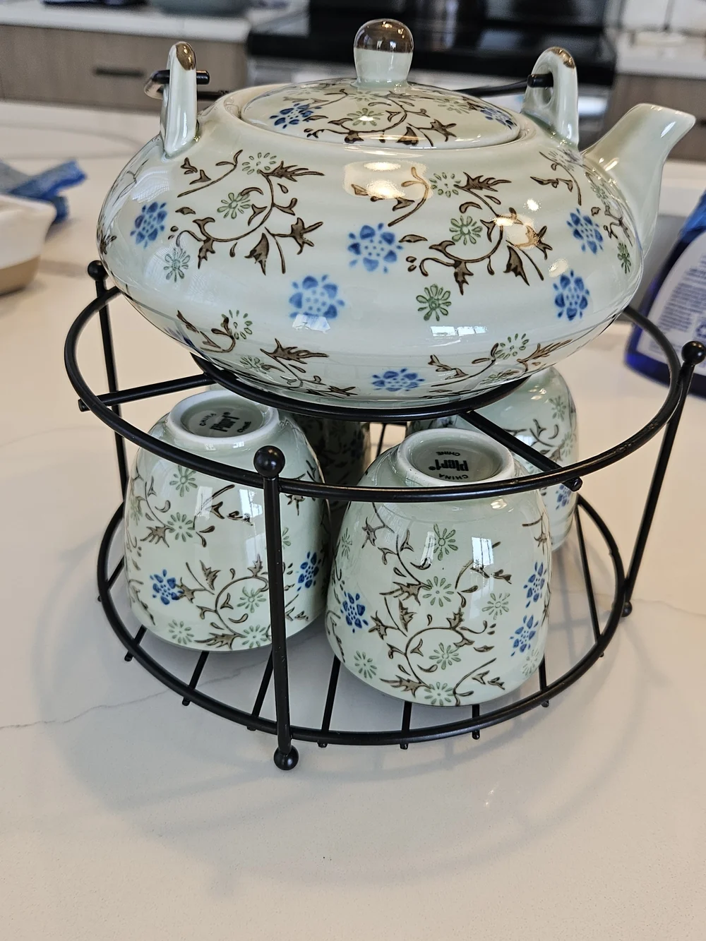 Pier 1 Import Tomoko Tea Set, Japanese Green Floral Ceramic Teapot with 4 Cups